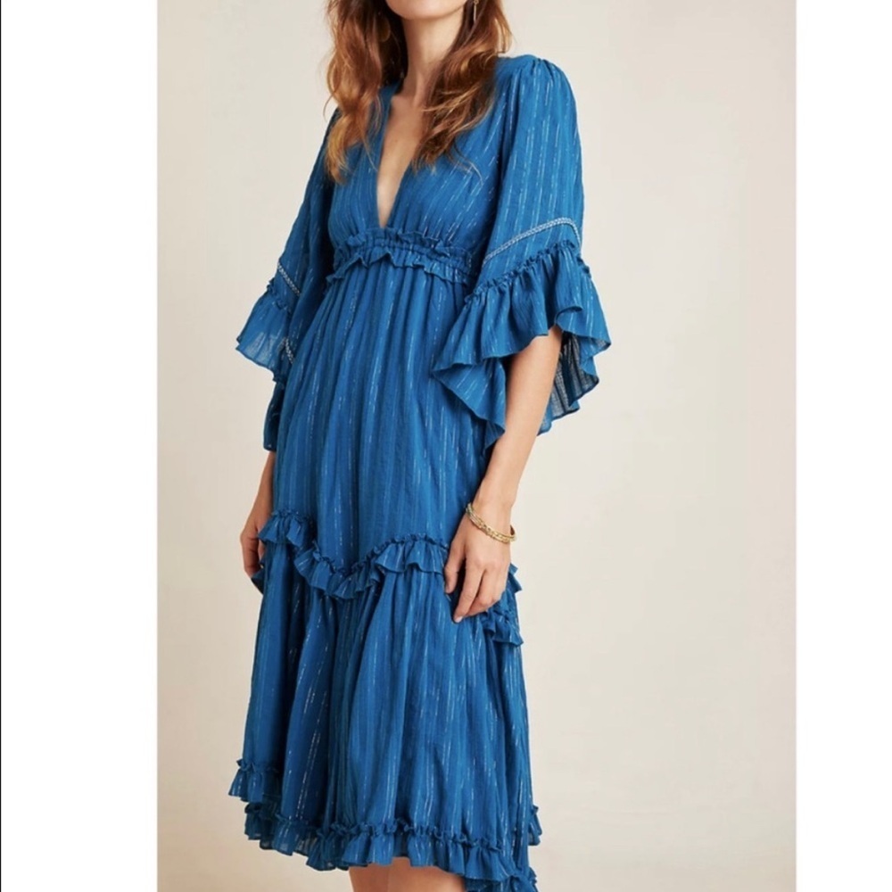 Misa X Anthropologie Karyn Tiered Teal Blue Gold Metallic Midi Dress Size Medium
